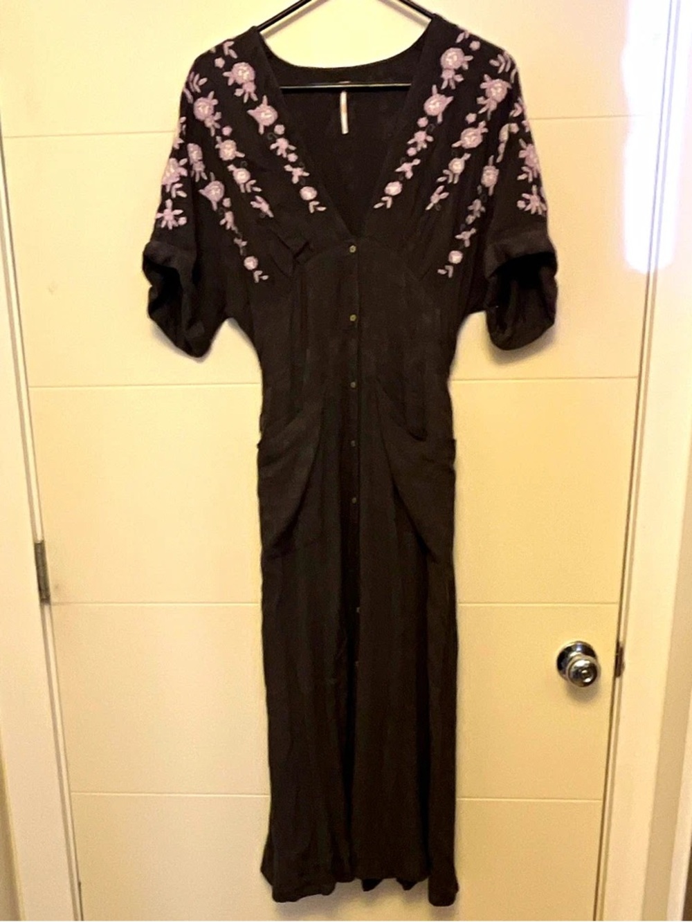 Free People Black Maxi Dress with Lilac Embroidered Floral Yoke